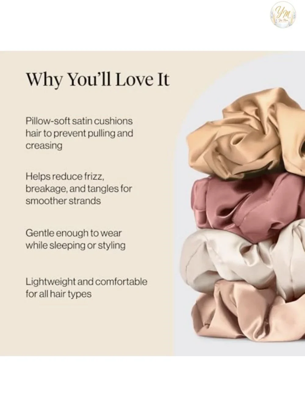 Satin Scrunchies for Women - 4 Pack, Soft Hair Ties No Crease, Gentle for Sleep